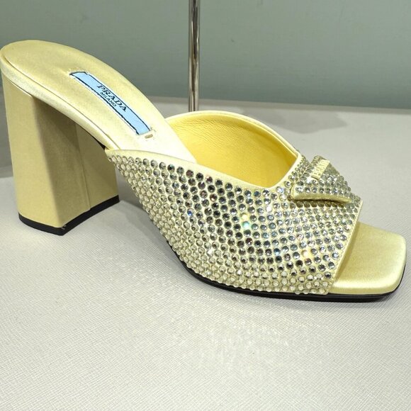Prada Satin Crystal 1XX642 Ananas Yellow Slide Heel Mules Sandals, 36 & 38 - Picture 9 of 14